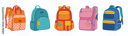 Set of colorful school bags different shapes. Collection of backpack for children. Hand drawn vector vector illustration isolated on white background. Modern flat cartoon style.