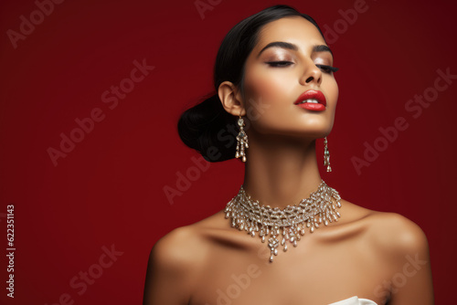 Festive Elegance celebration with a pretty Indian woman adorned with luxury minimal jewelry. Festive beauty and cultural charm concept. AI Generative