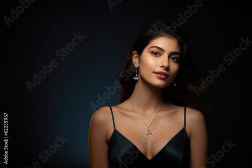 Festive Elegance celebration with a pretty Indian woman adorned with luxury minimal jewelry. Festive beauty and cultural charm concept. AI Generative