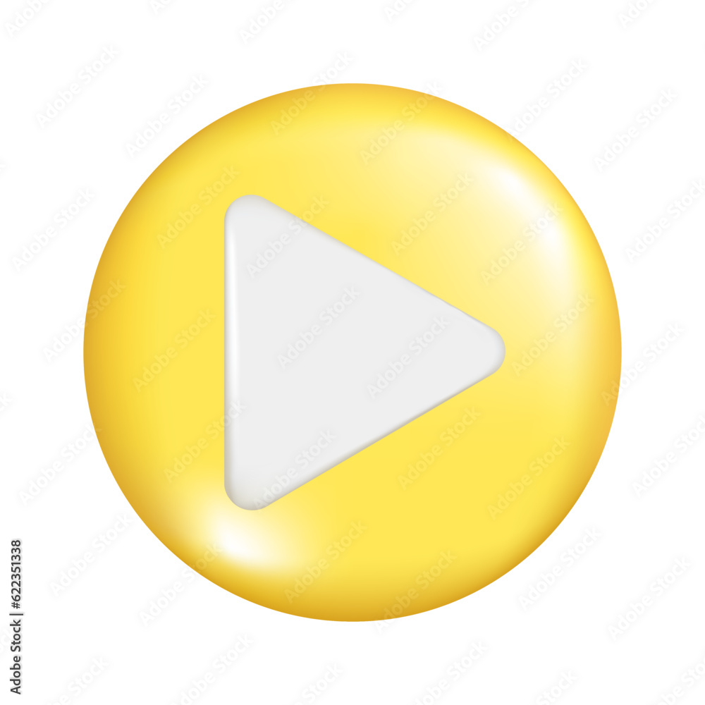 Realistic 3d yellow round sphere shape with play sign. Decorative circle button icon, spherical symbol, play button element. Abstract vector illustration isolated on white background Realistic 3d yellow round sphere shape with play sign. Decorative circle button icon, spherical symbol, play button element. Abstract vector illustration isolated on white background