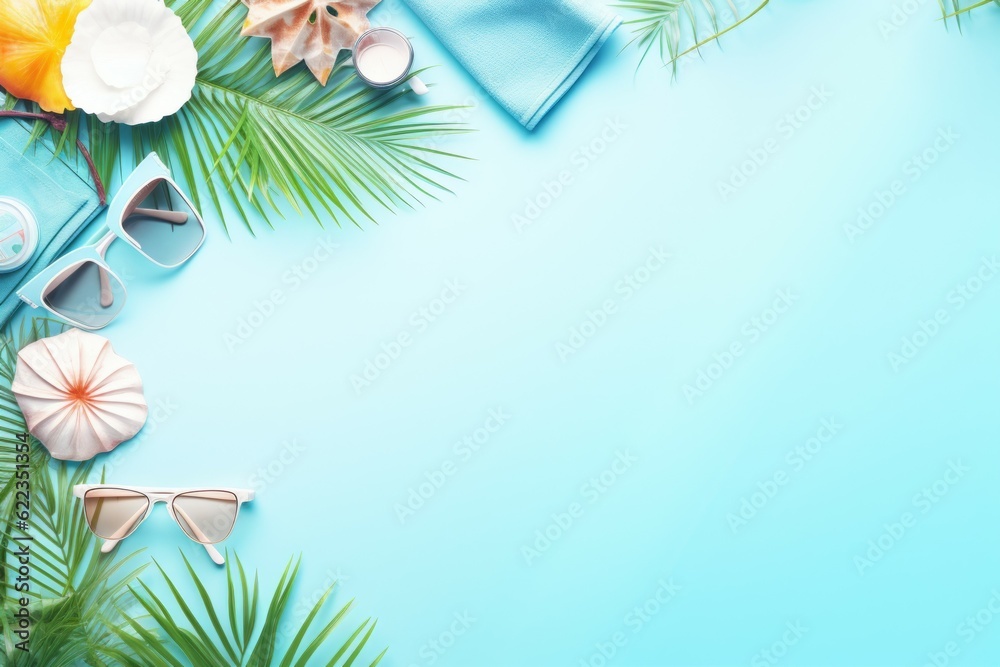 Beach themed frame for Flyers, Menù or Posters with Holiday Vacation Elements with space for text - Generative AI Beach themed frame for Flyers, Menù or Posters with Holiday Vacation Elements with space for text - Generative AI