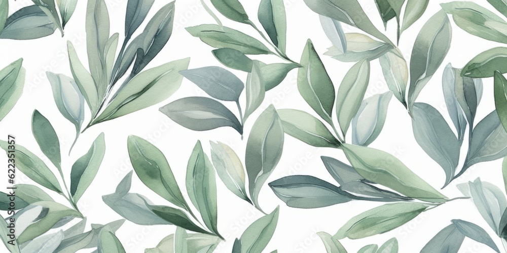 Fototapeta premium Aromatic Bay leaves Spice Background, Horizontal Watercolor Illustration. Healthy Vegetarian Diet. Ai Generated Soft Colored Watercolor Illustration with Delicious Flavory Bay leaves Spice.