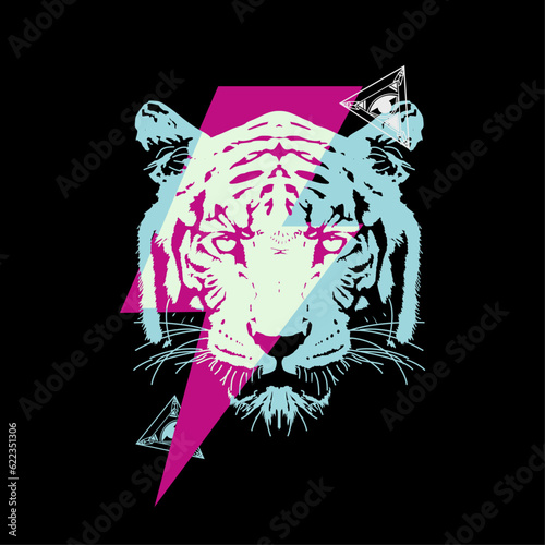 T-shirt design of a tiger head with the symbol of thunderbolt isolated on black. Vector illustration for posters