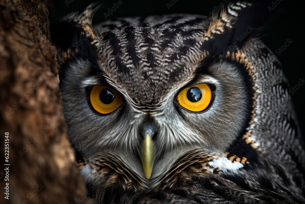 Portrait of horned owl with beautiful eyes on night background. Amazing Wildlife. Generative Ai Portrait of horned owl with beautiful eyes on night background. Amazing Wildlife. Generative Ai