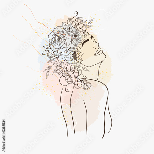 Card of woman figure with flowers, leaves, different shapes in line art. Gentle silhouette young girl, bouquet, brush, drop, stroke of paint. Female portrait abstract face. Floral vector illustration