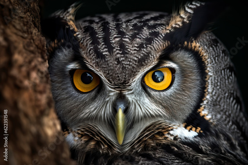 Portrait of horned owl with beautiful eyes on night background. Amazing Wildlife. Generative Ai