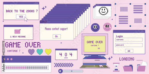 Big sticker set in trendy y2k style. Old computer aestethic. Retro pc elements, user interface. Nostalgia for 1990s -2000s. Glitch effect elements. Vector illustrationsold,