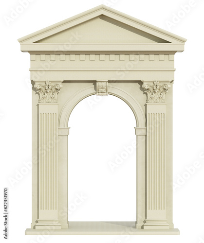Front view of a classic arch with Corinthian column and triangular tympanum isolated on white - 3d Rendering