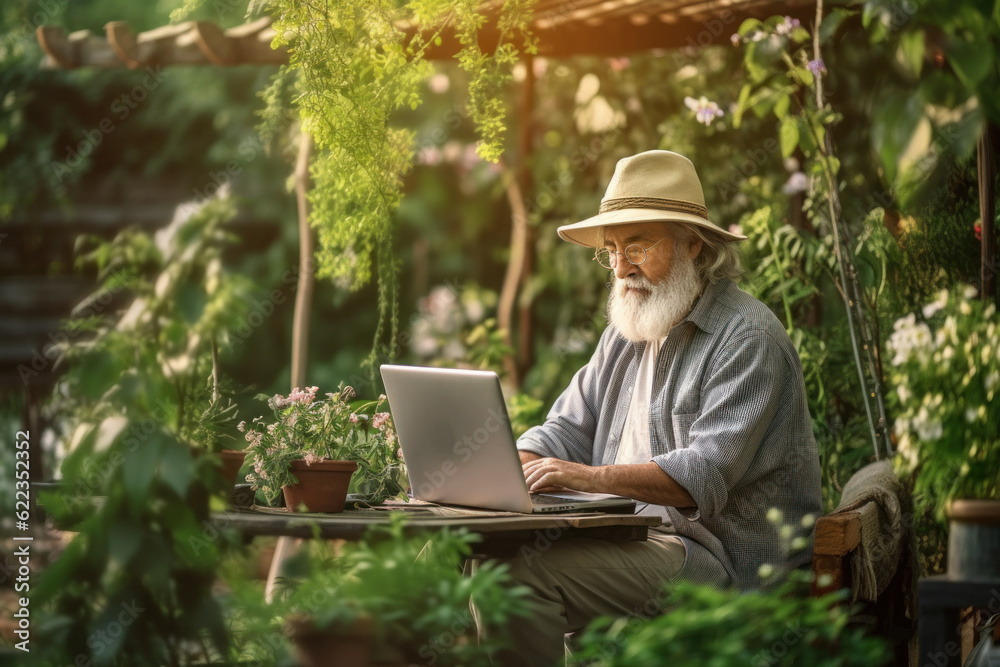 Elderly man wearing hat and glasses working outdoors in his garden using laptop.