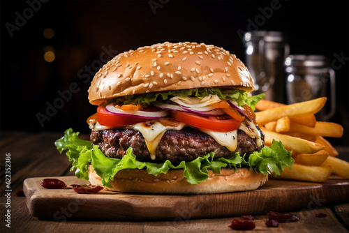 Large juicy dark hamburger with cheese on a dark background 