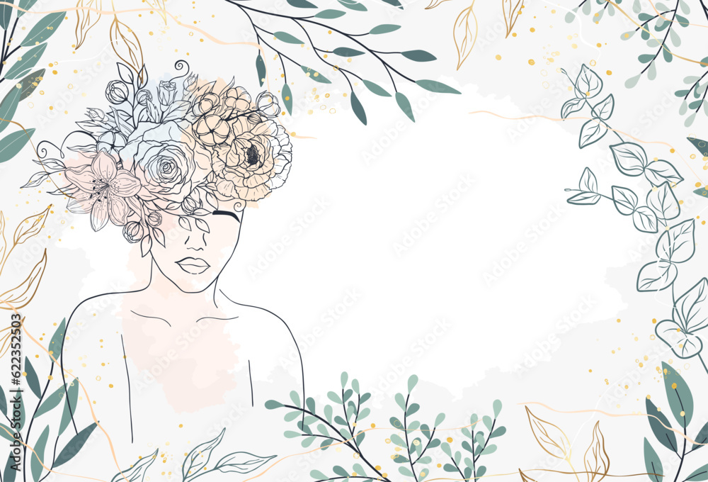 Banner of woman figure with flowers, leaves in line art. Silhouette young girl, gentle face, bouquet, brush, splash of paint. Female portrait, floral vector illustration. Abstract botanical background