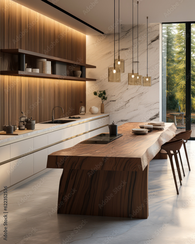 Wood and marble island dining table with sink, pendant light, amid ...