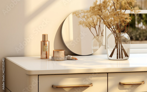 Fotografie, Obraz An empty modern, minimal beige dressing table and a round vanity mirror, all set against a cream wall in sunlit bedroom