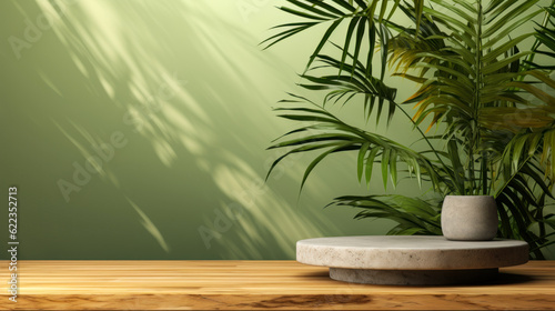 Empty wood table with a tropical palm tree in dappled sunlight, leaf shadows on a green wall—perfect 3D background for luxury organic cosmetic, skincare, beauty treatment, and nature product displays.
