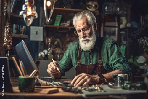 Mature gray-haired man wearing casual clothes and glasses working in his workshop.