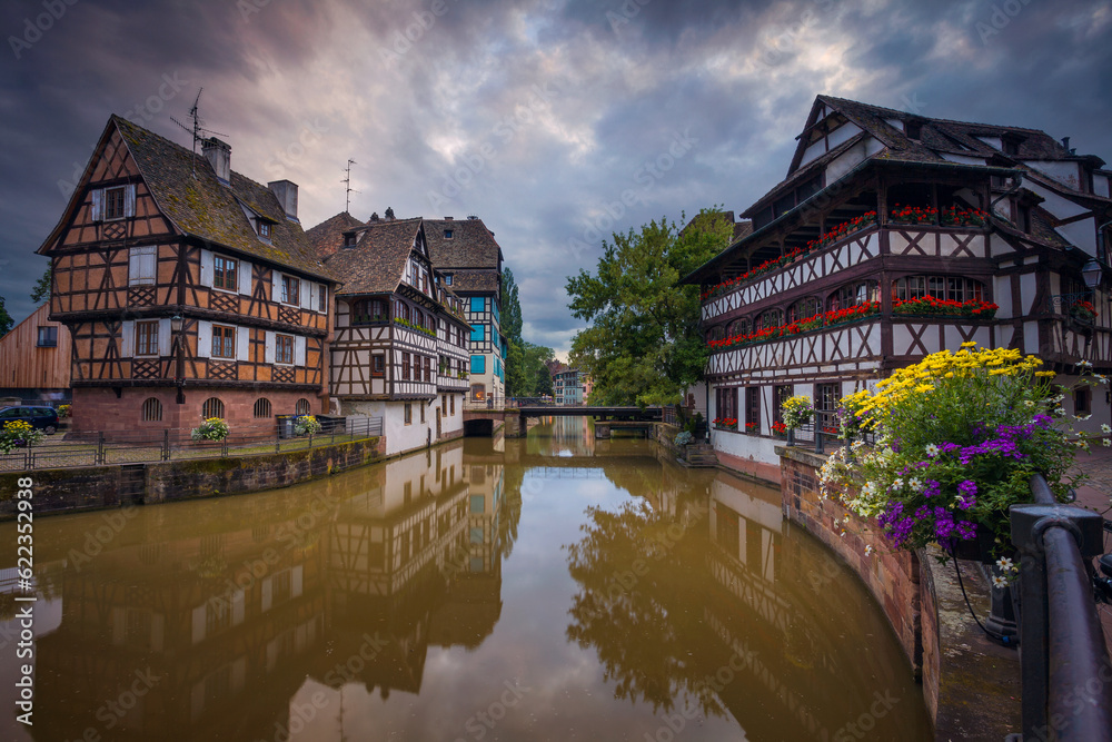 Image of Strasbourg old town during dramatic sunset.