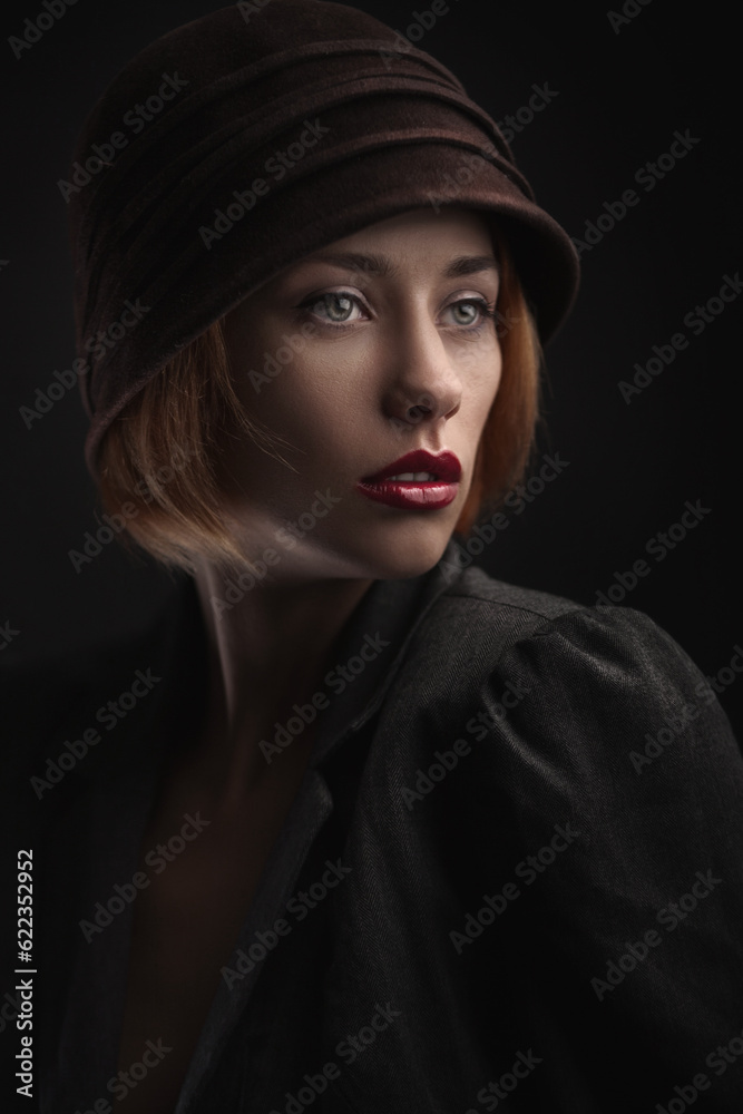 Beautiful blond woman with red lips in retro hat. fashion studio shoot. Beautiful blond woman with red lips in retro hat. fashion studio shoot.