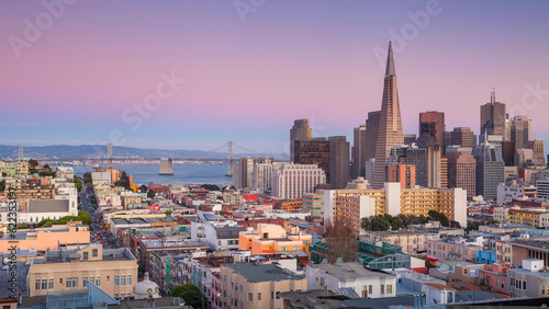 Panoramic image of San Francisco skyline at sunset.