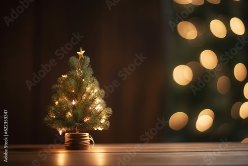 Christmas tree that is out of focus and decorated with golden bokeh lights, empty wooden plank table, and copy space. Template for a winter holiday goods display. Generative AI