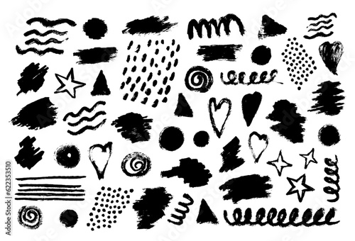 Abstract set of different brush, splash, texture, drop, stroke of paint. Collection of heart, star, line, circle, round, wave, triangle shape. Vector illustration elements isolated on white background