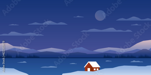 Winter nature landscape. Cartoon scandinavian panorama frozen mountain lake snowy fir trees little house. Vector illustration