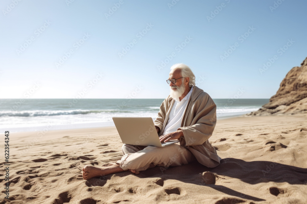 Elderly man sitting on sandy beach by sea working using laptop.