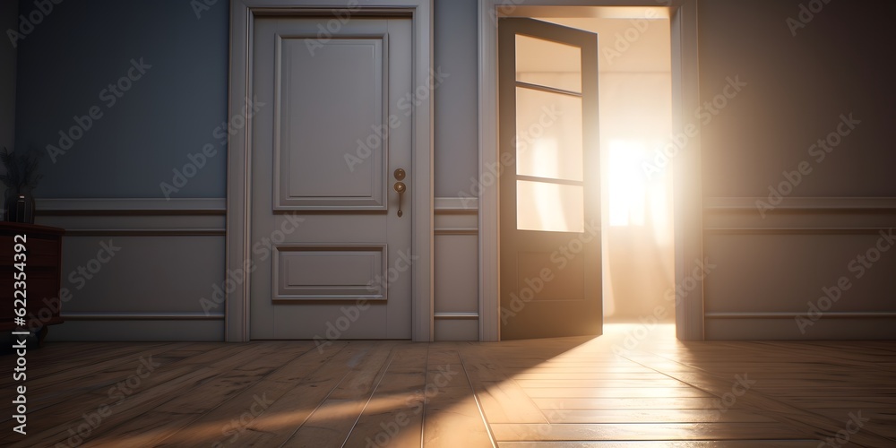 Open door to a new home with key. Mortgage, investment, rent, real estate, property concept Open door to a new home with key. Mortgage, investment, rent, real estate, property concept