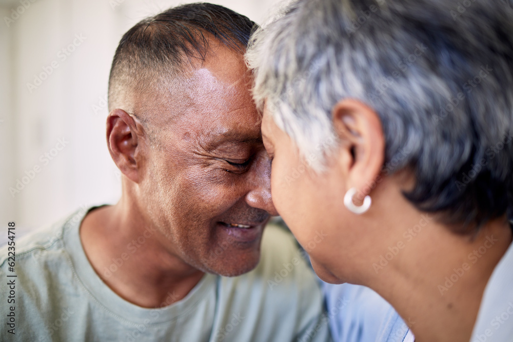 Obraz premium Closeup, forehead and senior couple with love, marriage and retirement with happiness, romance and care. Romantic, elderly woman and old man embrace, relationship and loving together with affection