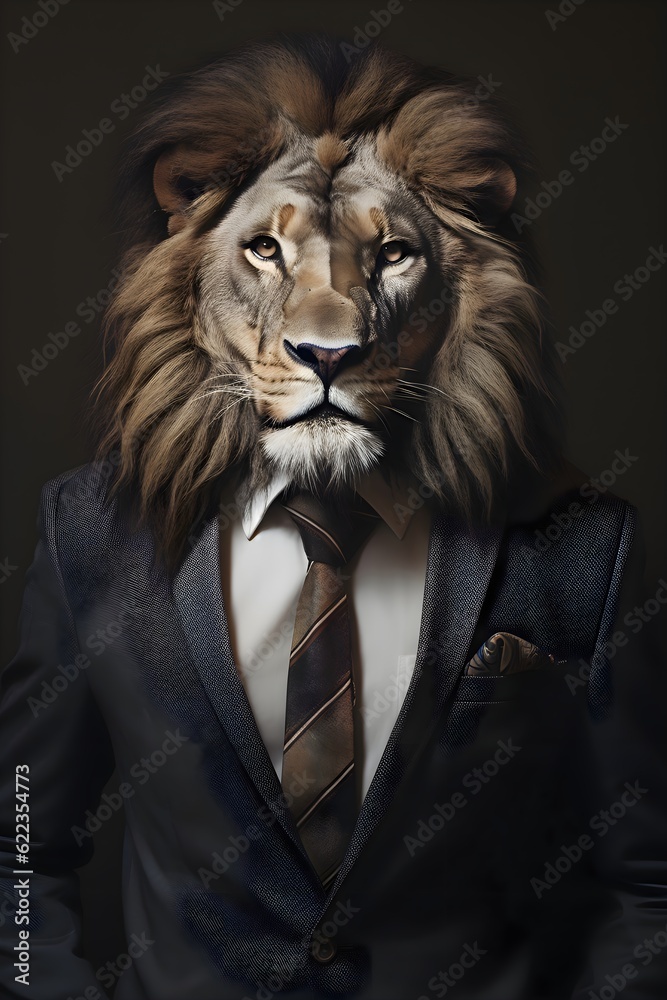 lions in suits. Images of lions wearing modern, elegant and colorful suits. stylish lions. Images generated by artificial inteligence