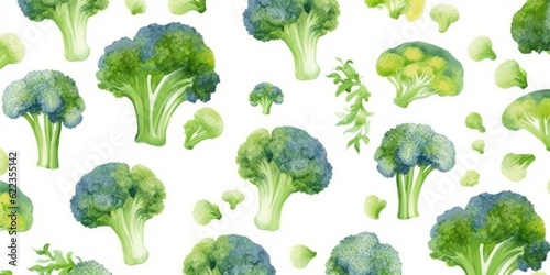 Fresh Organic Broccoli Vegetable Background, Horizontal Watercolor Illustration. Healthy Vegetarian Diet. Ai Generated Soft Colored Watercolor Illustration with Delicious Juicy Broccoli Vegetable.