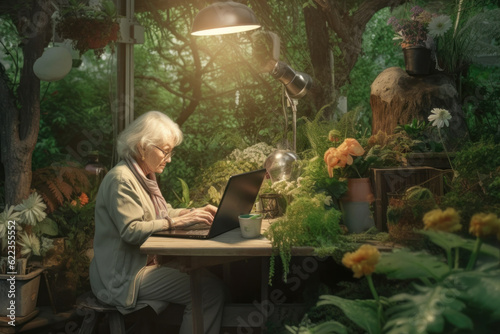 Elderly woman having workspace in her garden sitting at table using laptop.