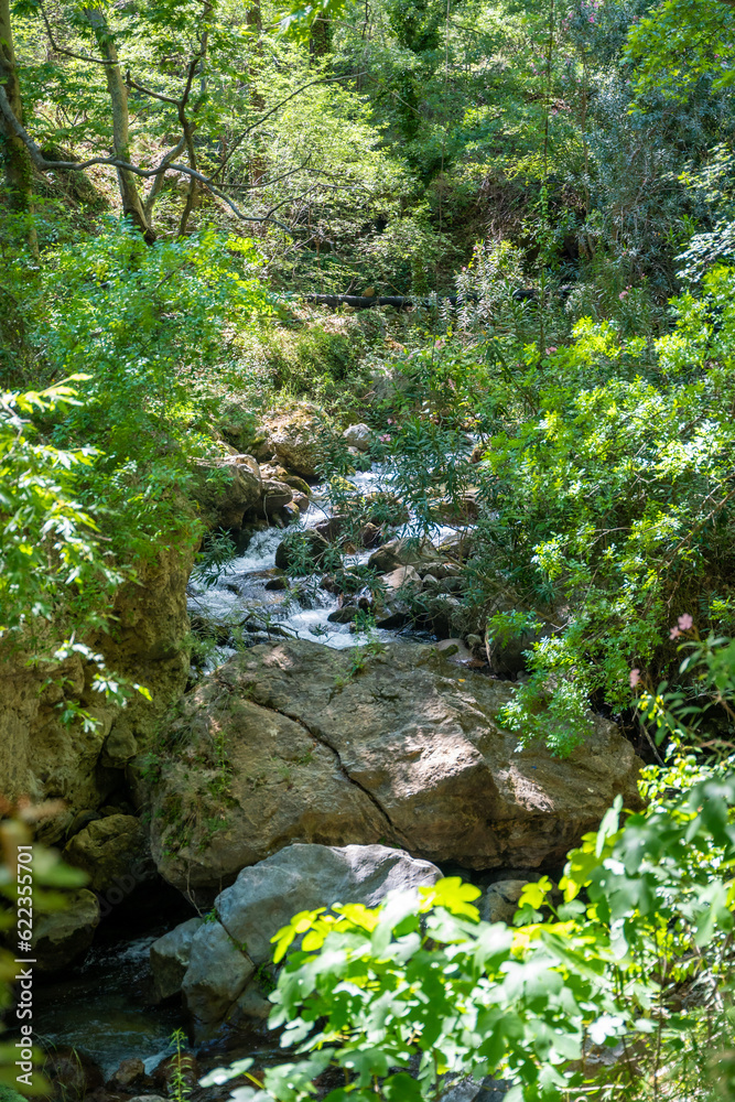 Sapadere canyon with river, wooden paths and cascades of waterfalls in the Taurus mountains near Alanya, Turkey