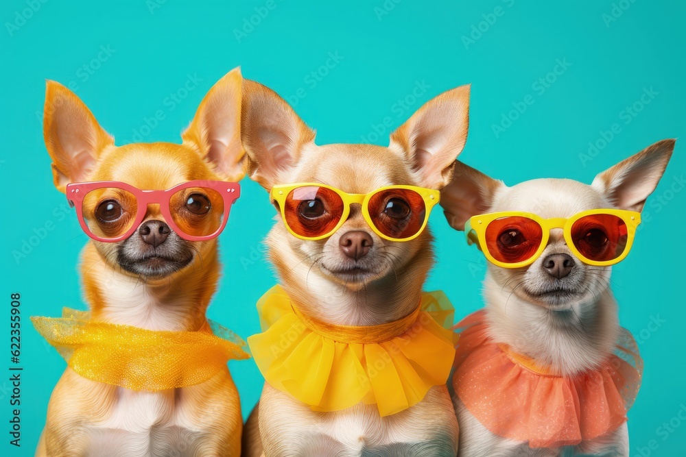 Three chihuahua wearing yellow sunglasses on a turquoise background, created with Generative Ai Technology
