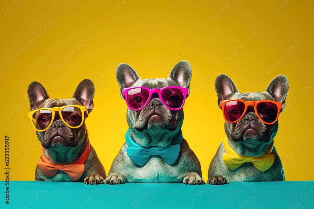 Three french bulldogs wearing colorful sunglasses and bow ties, isolated on yellow background, created with Generative Ai Technology