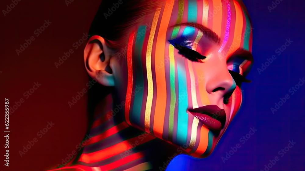 A woman's face with multicolored lines painted on it. Beautiful woman wearing neon makeup, in the style of striped compositions. Created with Generative Ai Technology