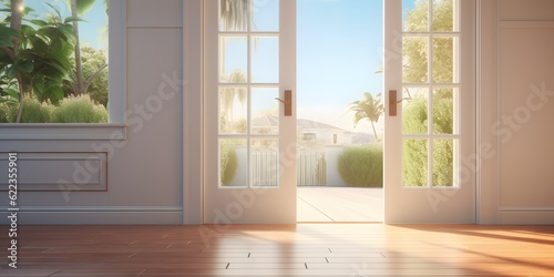 Open door to a new home with key. Mortgage, investment, rent, real estate, property concept © Jing