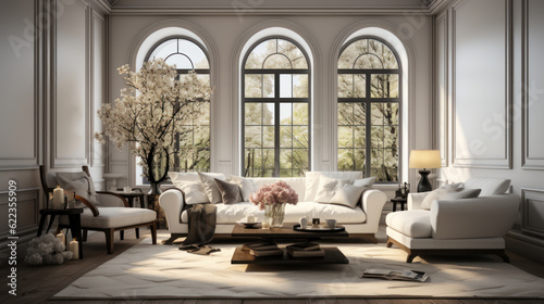 Classic living room interior with a large windows. Generative AI. © AS Photo Family