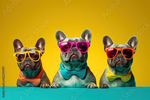 Three french bulldogs wearing colorful sunglasses and bow ties, isolated on yellow background, created with Generative Ai Technology