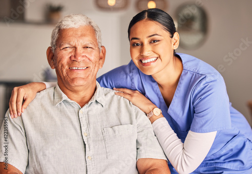 Happy woman, nurse and portrait of senior man with support, medical service and helping patient in retirement. Face of caregiver, elderly person and smile for trust, healthcare and nursing home photo
