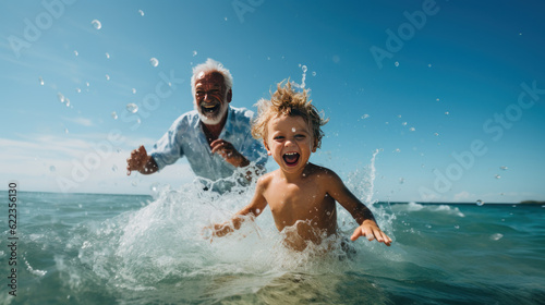 Little boy playing with his grandfather in the sea Generative Ai