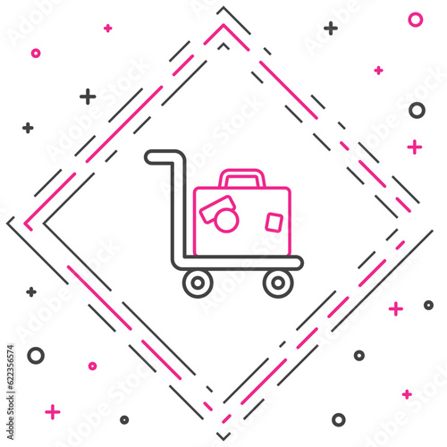 Line Hotel luggage cart with suitcase icon isolated on white background. Traveling baggage sign. Travel luggage icon. Colorful outline concept. Vector