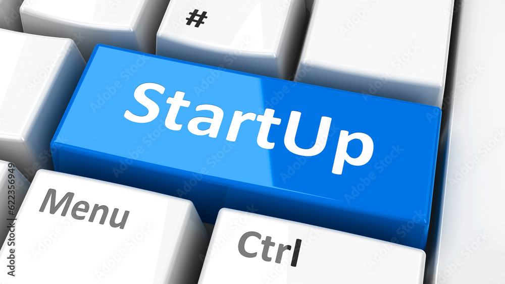 Fototapeta premium Startup key on the computer keyboard, three-dimensional rendering, 3D illustration