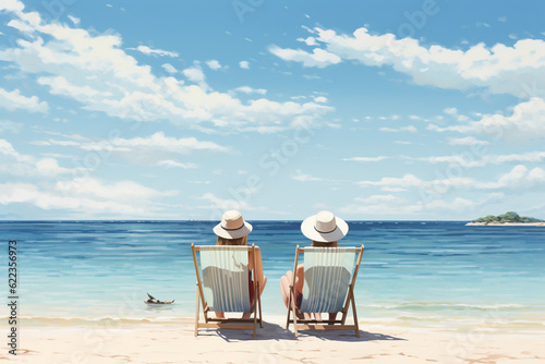 Travel, vacation, leisure and lifestyle concept. Young couple sitting on sun lounger chair on the beach by the sea or ocean sunny day. Generative AI © Rytis
