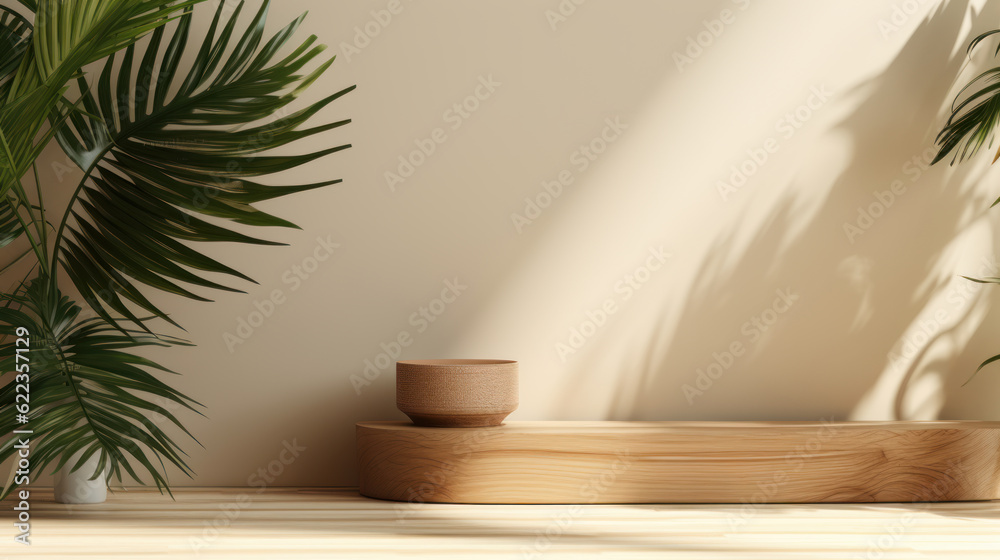 Modern oak wooden podium with wood grain, tropical palm tree in sunlight, casting leaf shadows on beige wall—ideal 3D backdrop for luxury organic cosmetic, skincare, and beauty product displays. Modern oak wooden podium with wood grain, tropical palm tree in sunlight, casting leaf shadows on beige wall—ideal 3D backdrop for luxury organic cosmetic, skincare, and beauty product displays.