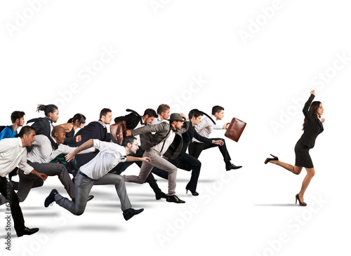 Businesswoman exults winning during a race with opponents