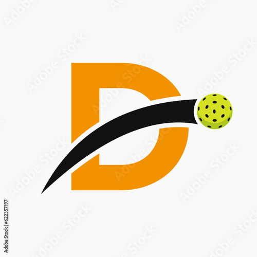 Pickleball Logo On Letter D With Moving Pickleball Icon. Pickleball Sign Template