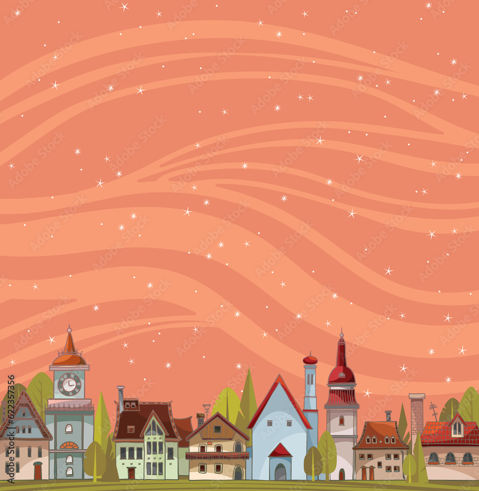 City view landscape with houses and green trees on a starry sky background. Urban vector landscape.