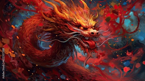 A painting of a red and yellow dragon, created with Generative Ai Technology