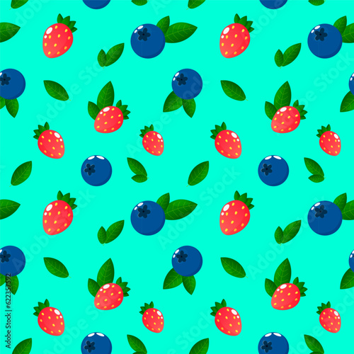 Cartoon strawberries and blueberries seamless pattern, vector. Background, textiles, summer pattern, rich colors