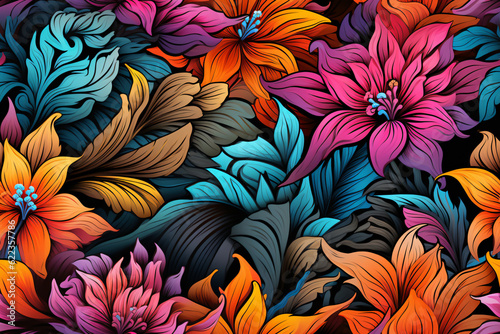 Seamless pattern of vibrant exotic flowers. Generative AI.